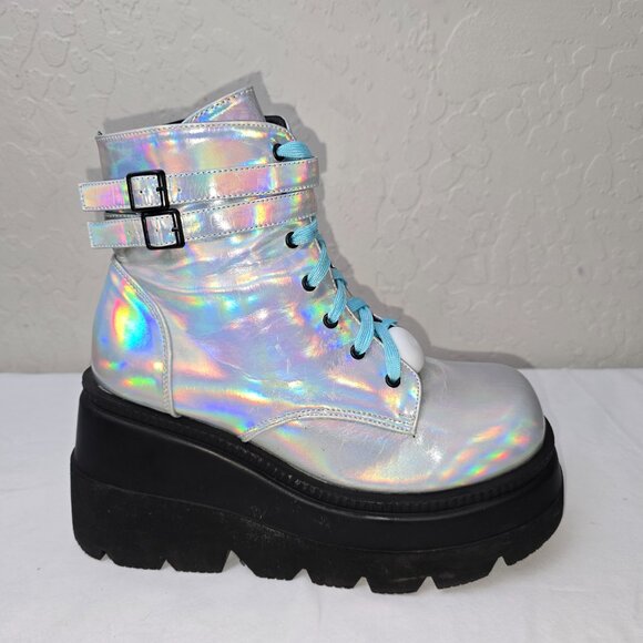 Demonia Shaker 52 Platform Holographic Goth Boots Women's Size 12 - Picture 5 of 11